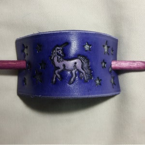 Leather Pony Tail Stick Barrette with Unicorn and Stars man bun holder, mens pony tail holder, image 2