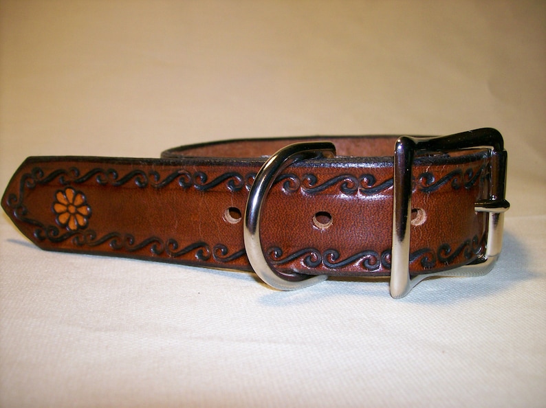 Leather Dog Collar with Scrollwork and Flower Design image 3