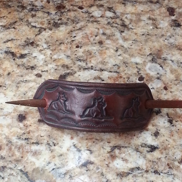 Leather Barrette With Wolves for Medium to Thick Pony Tails