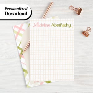 Personalized Gingham Stationery Set: Custom Note Paper, Cards in Pink & Green