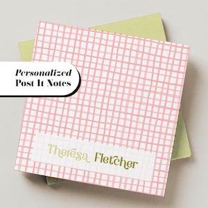 Personalized Gingham Post It Sticky Notes: Hand Drawn Grid in Pink, Cream, or Green