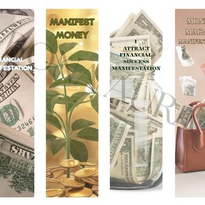 Puede incluir: Cuatro pancartas verticales con temas de abundancia financiera. Una pancarta muestra moneda estadounidense con el texto "FINANCIAL MANIFESTATION". Otra presenta una planta con monedas y el texto "MANIFEST MONEY". Una tercera muestra un tarro lleno de dinero y el texto "ATTRACT FINANCIAL SUCCESS MANIFESTATION". La última pancarta muestra un bolso y el texto "MONEY MAGNET MANIFESTATION."