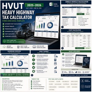 May include: An Excel template for the Heavy Highway Tax Calculator (HVUT) for 2025-2026. The image shows a laptop displaying the calculator, a semi-truck, and text that reads "Instant Download".