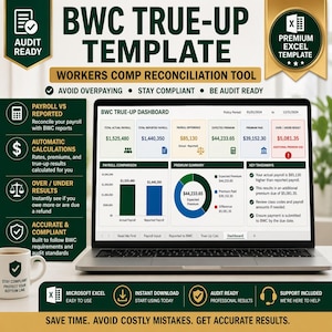 May include: A laptop displaying a BWC True-Up Template. The screen shows financial data, charts, and key takeaways. The template is designed for workers' compensation reconciliation, promising to save time and avoid mistakes. A coffee mug is on the left.