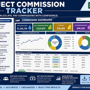 May include: A digital Excel template for project commission tracking. The dashboard displays total project value, commissions earned, paid, and outstanding balance. Features include automated calculations, multiple commission structures, and payment reporting.