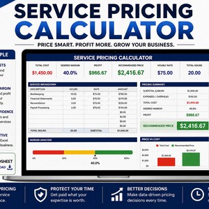 Puede incluir: Una pantalla de portátil muestra una calculadora de precios de servicios con una interfaz azul y blanca. La calculadora incluye secciones para calcular costos, establecer márgenes de beneficio y analizar precios. El texto "Service Pricing Calculator" es prominente.