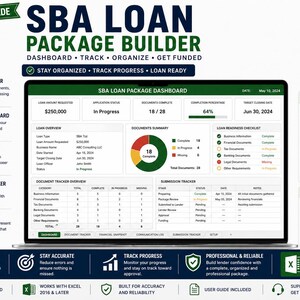 Può includere: Uno schermo di un laptop mostra una dashboard di SBA Loan Package Builder. Mostra i dettagli del prestito, il monitoraggio dei documenti e gli indicatori di avanzamento. Il testo include "Dashboard", "Traccia" e "Organizza". L'immagine presenta anche un'icona del modello Excel.