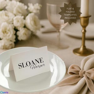 Bewerkbare sjabloon voor canva-plaatskaarten, afdrukbare naamkaartjes, minimale en elegante tafelopstelling, digitale download voor bruiloften, evenementen en diners