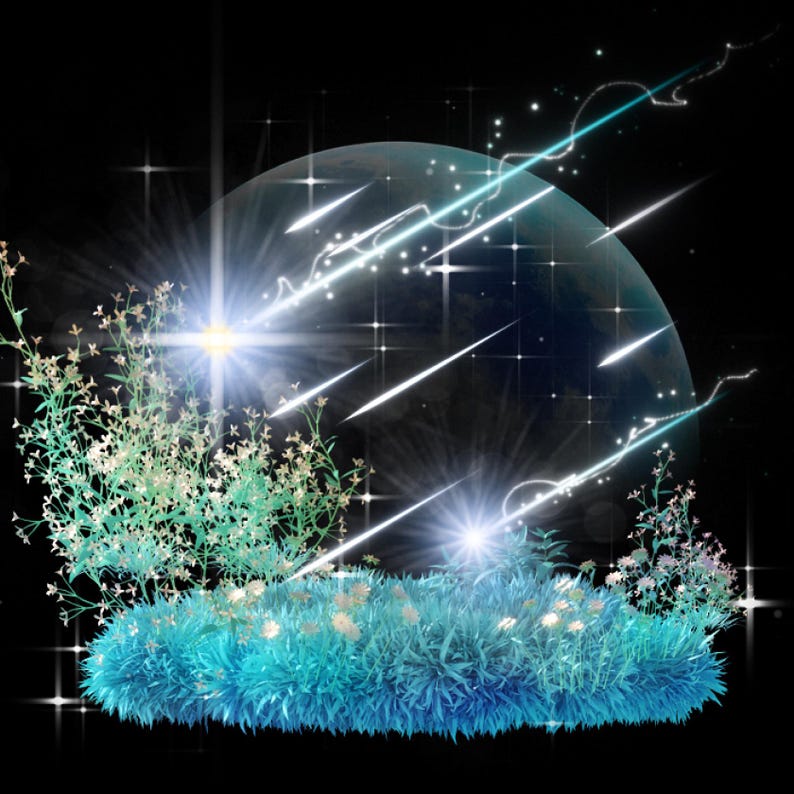 K&ouml;nnte beinhalten: Eine k&uuml;nstlerische digitale Illustration mit einer himmlischen Szene. Im Vordergrund befindet sich eine blau-gr&uuml;ne Grasfl&auml;che mit wei&szlig;en Blumen und hellem Licht. Im Hintergrund ein Planet und Sternschnuppen vor schwarzem Himmel.