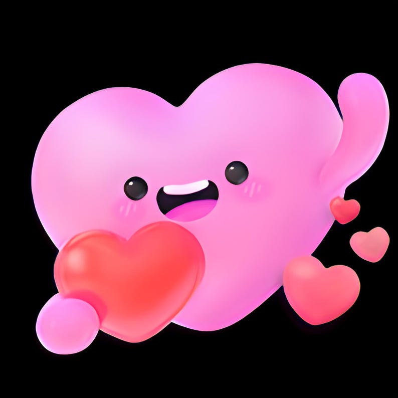 K&ouml;nnte beinhalten: Ein Cartoon-Bild eines rosa Herz-Charakters mit l&auml;chelndem Gesicht, das ein rotes Herz h&auml;lt. Mehrere kleinere rosa Herzen schweben in der N&auml;he vor einem schwarzen Hintergrund. Der Charakter hat schwarze Augen und einen rosa Mund.