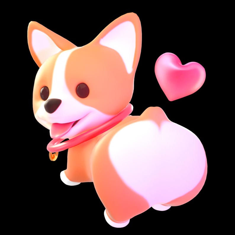 K&ouml;nnte beinhalten: 3D-Darstellung eines Cartoon-Corgi-Hundes mit orange-wei&szlig;em Fell, der ein rosa Halsband tr&auml;gt. Ein rosa Herz schwebt in der N&auml;he. Der Hund streckt die Zunge heraus und ist von hinten zu sehen.