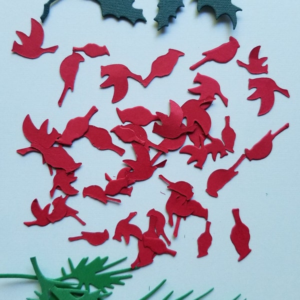 Christmas Cardinals, 48 Miniature Red Die Cut Paper birds, to Accent Junk  journal, Scrapbook + 2 green pine branches + 1 Holy branch.