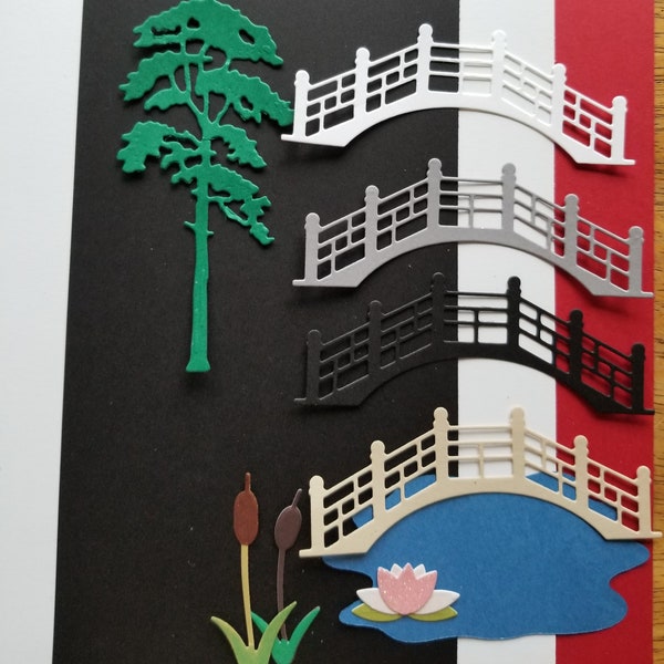 A Bridge. Die Cut Paper, 4" wide, 6 Pieces, Garden, Pond, Asian Scene, Junk Jurnal Accent