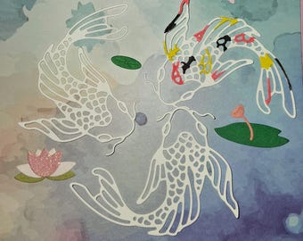 Japanese Koi Fish, Die Cut Paper, 4 Pieces + stamped Images  and Lily Pads