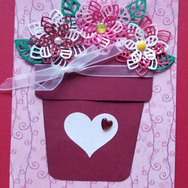 Handcrafted Die Cut Paper Flowers Fill Pot, Valentine Colors on a 5 1/4" x 4" Card+ Envelope