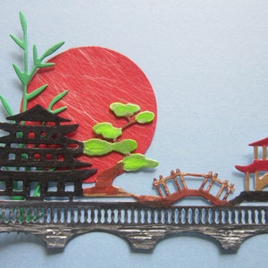 Pagoda, Japanese, Chinese Scene, 4 Die Cut Paper Pieces, 5&quot; long x 2&quot; tall, of with Bridge, Tree, and Shrine, Diorama Accent