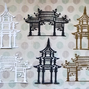 Chinese, Japanese, Asian Temple or Shrine, Pagoda, Delicate Die Cut Paper 3&quot; x 2&quot; and 2&quot; x 3&quot;   4 sets or 8 pieces