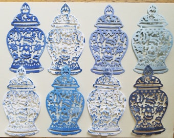 Chinoiseries Blue Ginger Jar and Other Shades of Blue Filigree Vase, 3 1/2",Tall, Die Cut Paper. 8 pieces