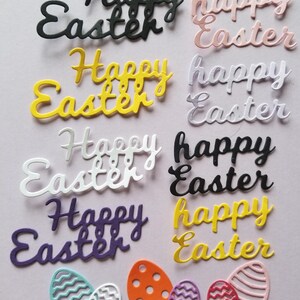 May include: Assortment of die-cut paper embellishments in various colors, featuring the phrase "Happy Easter" in a cursive font.  The embellishments are perfect for scrapbooking, card making, and other craft projects.