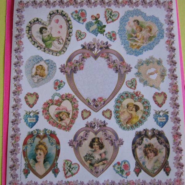 Victorian Hearts of Ladies and Cupids Valentine Stickers 1997 by John Grossman 8" by 10" Sheet.