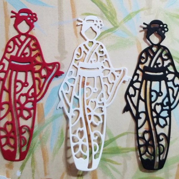 Japanese Geisha, Die cut Paper Girl, 5 pieces, 4" Tall, Flowered Kimono, Accent a Journal Page