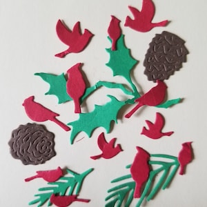 Christmas Cardinals, 48 Miniature Red Die Cut Paper Birds, 6 poses, Accent Junk Journal, Scrapbook + 2 green pine branches + 1 Holy branch.