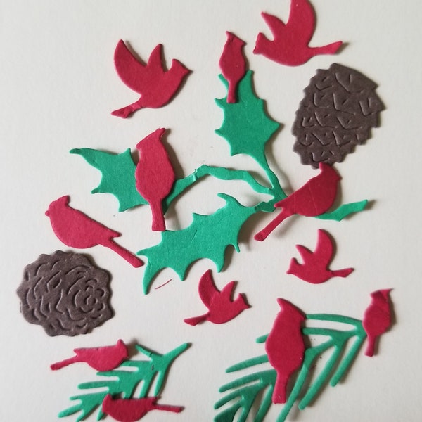 Christmas Cardinals, 48 Miniature Red Die Cut Paper birds, to Accent Junk  journal, Scrapbook + 2 green pine branches + 1 Holy branch.