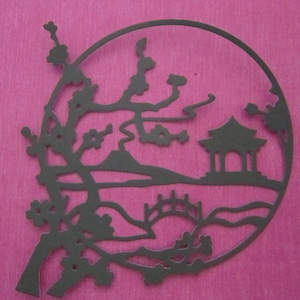 Chinese, Asian, Japanese,4&quot; Circle Pagoda Scene with Volcano, Cherry Blossoms, and Bridge Large 4 die cut paper pieces