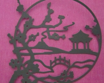 Chinese, Asian, Japanese,4" Circle Pagoda Scene with Volcano, Cherry Blossoms, and Bridge Large 4 die cut paper pieces
