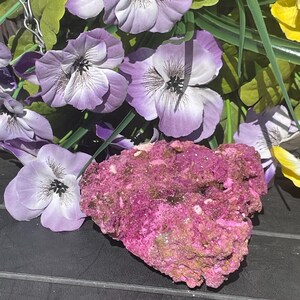 May include: A striking pink mineral with a rugged, textured appearance. Artificial purple and white pansy flowers with green leaves surround the mineral, providing a vivid contrast. The background is a dark surface.