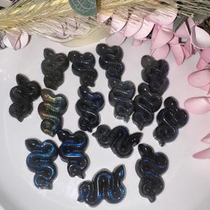May include: A collection of small, dark, snake-shaped carvings made from labradorite stone. Each piece features a smooth, polished surface with iridescent blue and gold flashes that shimmer when light hits the intricate, coiled serpent forms.
