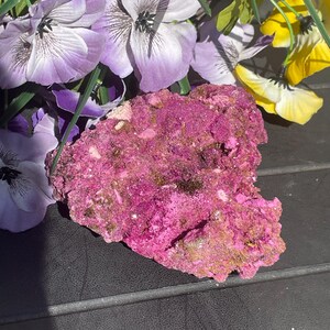 May include: A striking pink mineral specimen with a textured surface and touches of gold and brown. Artificial purple, white, and yellow flowers surround the mineral. The background is a dark, textured surface.