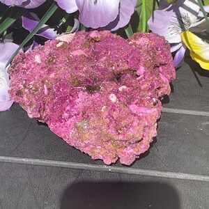 May include: A textured mineral specimen in shades of magenta, brown, and white. The rock has an irregular shape and is likely a natural formation. The background features purple and yellow flowers.