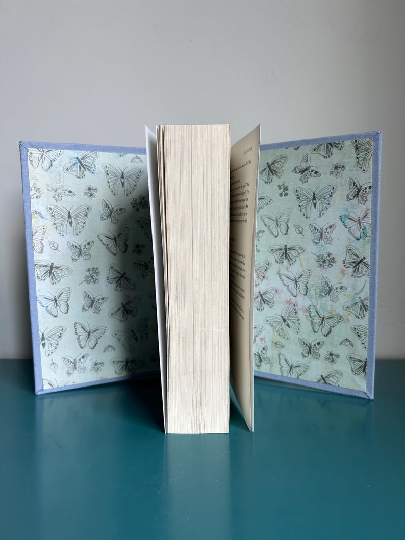 May include: A hardback book with a light blue cover adorned with a butterfly design. The book is open, displaying the pages. The cover has a light blue border. The background is a solid light blue.