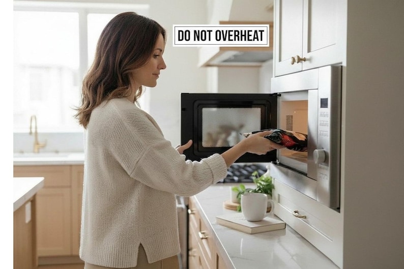 K&ouml;nnte beinhalten: Eine Frau legt Essen in eine schwarze Mikrowelle in einer modernen K&uuml;che. Die Mikrowelle ist in wei&szlig;e Schr&auml;nke eingebaut. &Uuml;ber der Mikrowelle steht der Text "NICHT &Uuml;BERHITZEN". Eine Tasse und ein Buch liegen auf der Arbeitsplatte.