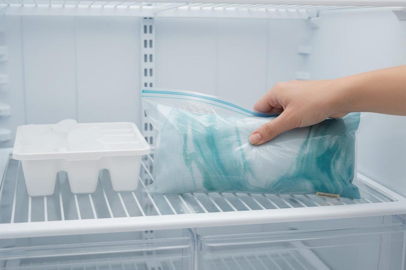 K&ouml;nnte beinhalten: Innenraum eines K&uuml;hlschranks mit einem wei&szlig;en Eisw&uuml;rfelbeh&auml;lter und einem transparenten Plastikbeutel mit einem blau-wei&szlig;en Gegenstand. Eine Hand greift nach dem Beutel. Der K&uuml;hlschrank hat Drahtregale.