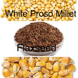 Puede incluir: Una vista a&eacute;rea de tres granos diferentes. La secci&oacute;n superior muestra un mont&oacute;n de mijo blanco proso con el texto "White Proso Millet". La secci&oacute;n media muestra un cuenco de vidrio lleno de linaza con el texto "Flaxseed". La secci&oacute;n inferior muestra granos de ma&iacute;z con el texto "Corn".