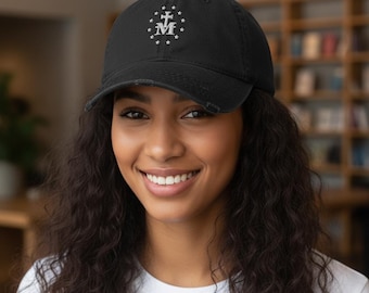 Catholic Embroidered Hat – Distressed Cap Featuring the Marian Miraculous Medal Symbol
