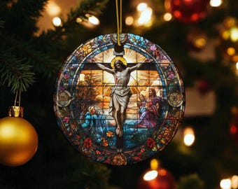 Crucifixion Stained Glass Ceramic Ornament – Catholic Christmas Gift of Redemption and Light