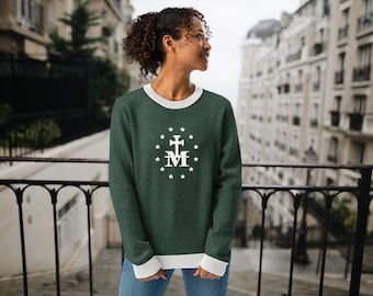 Catholic Knit Sweater – Marian Top with Miraculous Medal Symbol
