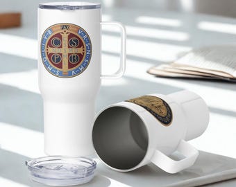 St. Benedict Medal Travel Mug – Catholic Protection Tumbler for Coffee and Faith