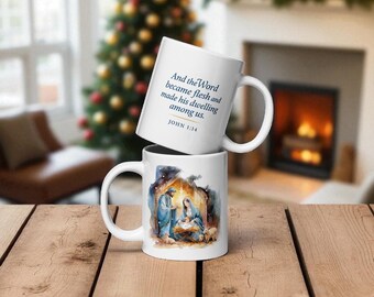 Christmas Coffee Mug – Christian Nativity Mug with John 1:14 Scripture “The Word Became Flesh”