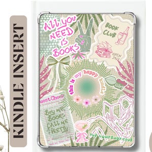 May include: Kindle insert with a collage design featuring the text "All you need is books," a peace sign, and other graphics. The design includes pink, green, and beige elements, with the words "Buy me books, call me pretty."