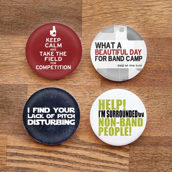 Set of Four Funny Marching Band 2.25 inch Pinback Buttons or Magnets