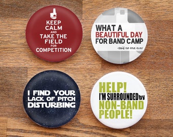 Set of Four Funny Marching Band 2.25 inch Pinback Buttons or Magnets