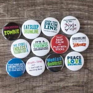 Drumline Buttons / Music and Marching Band / Set of 12 Drumline and Percussion 1&quot; Pins