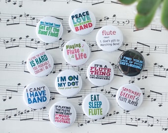 Flute and Marching Band Button Set / Set of 12 Flute 1" Pins