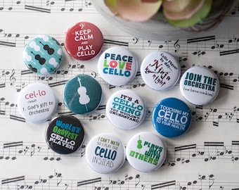 Cello Buttons / Music and Orchestra / Set of 12 Cello 1" or 1.25" Pins