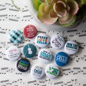 Cello Buttons / Music and Orchestra / Set of 12 Cello 1" or 1.25" Pins