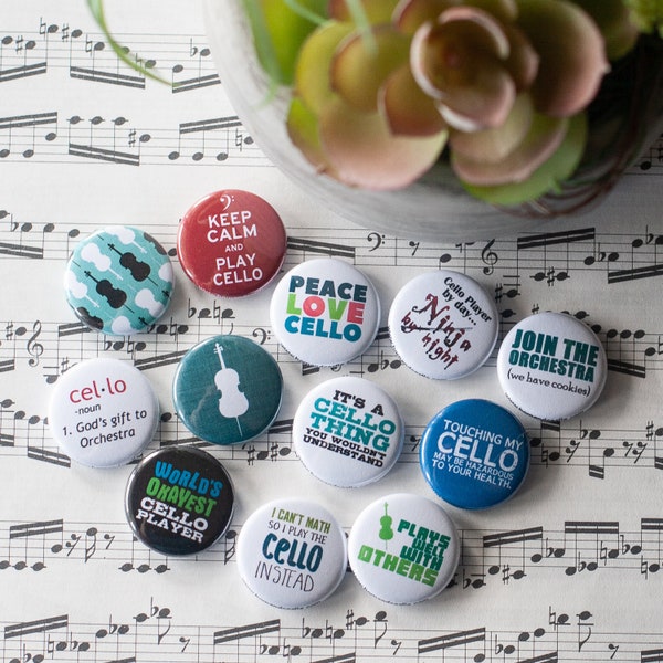 Cello Buttons / Music and Orchestra / Set of 12 Cello 1" Pins